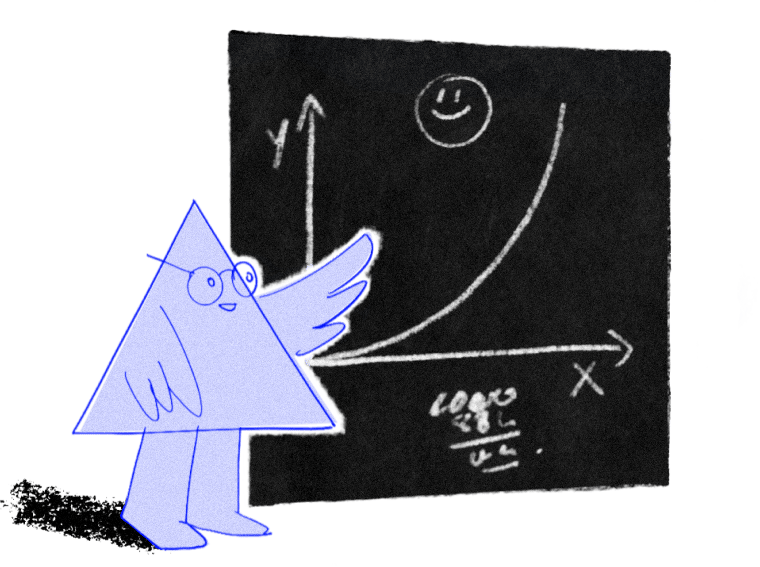 A researcher character is pointing to scientific
looking drawings on a blackboard